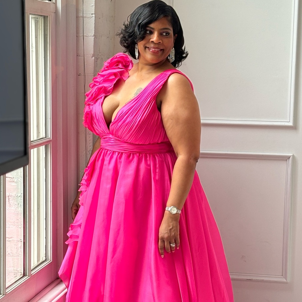Mac Duggal Pink Prom Dress with Floral Detail